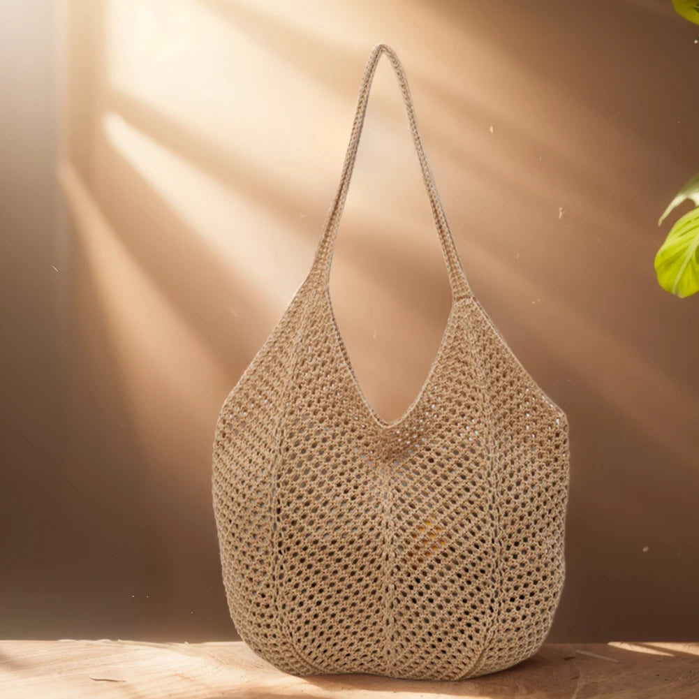 Women Knitting Shoulder Bag Solid Color Hollow Summer Bag Large Capacity Knitted Tote Handbag Ladies Daily Handbag