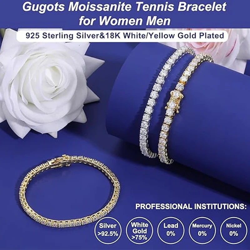 Moissanite Tennis Bracelet for Women Men White/Yellow Gold Plated S925 Sterling Silver D Color VVS1 Round Cut Moissanite Bracele
