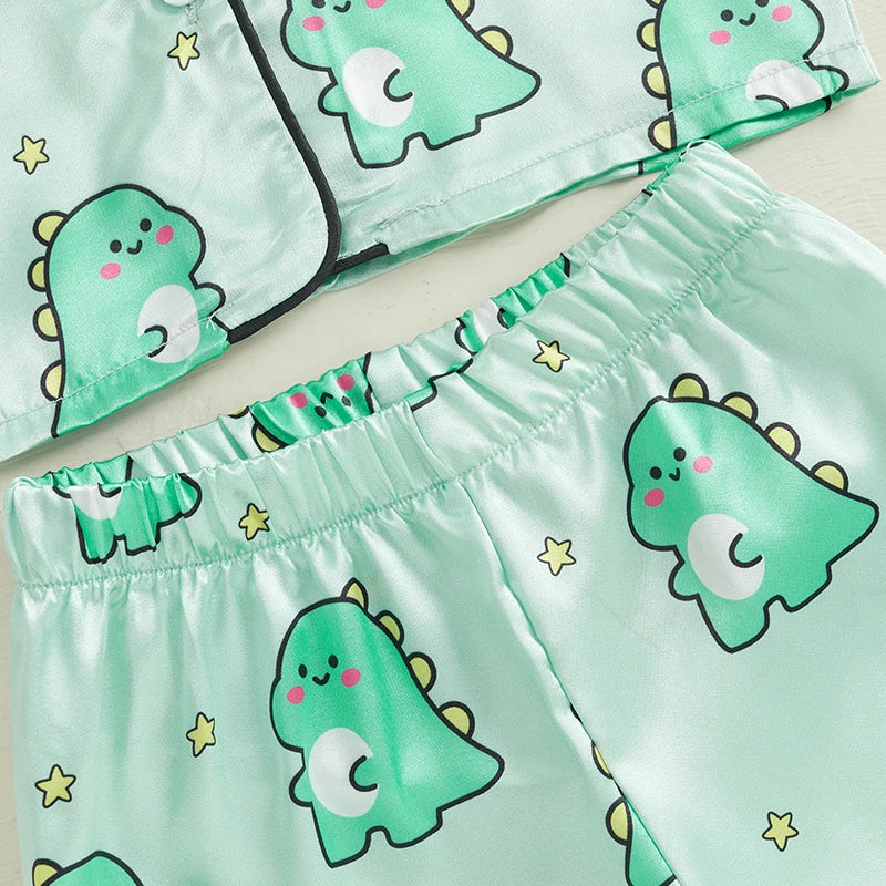 Kids Summer Pajama Set with Cute Animal Print Short Sleeve Button Down V Neck Top and Shorts Lounge Wear 2 Piece Set