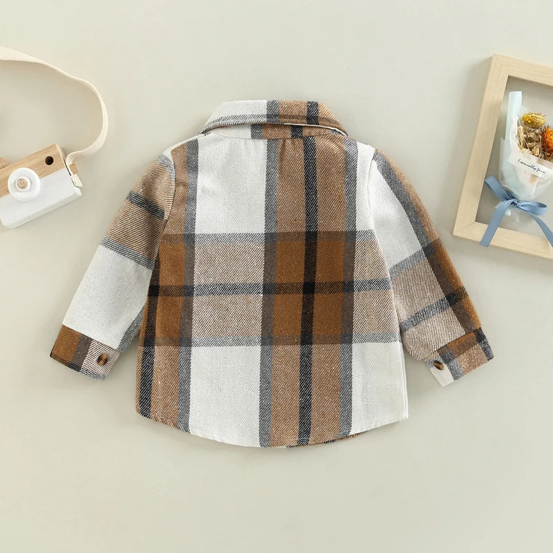Children s Plaid Shirt Jacket with Lapel Collar Long Sleeves and Button-Up Front - Stylish Coat for Boys and Girls
