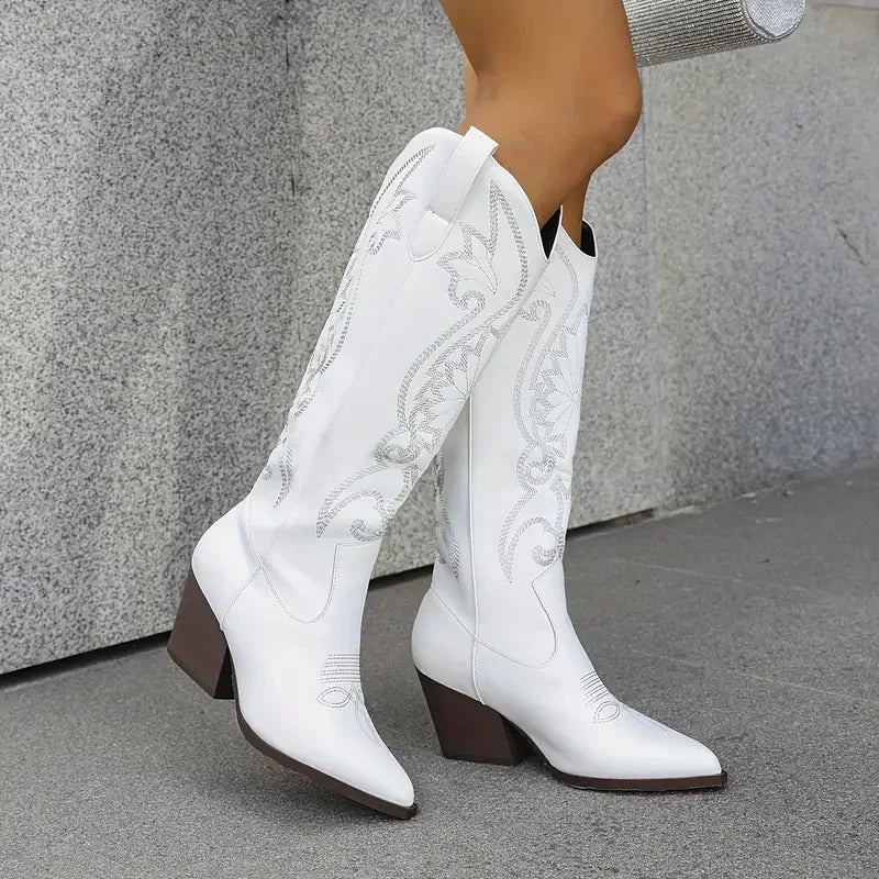 women's pointed toe knee high cowboy boots fashion embroider block chunky high heels western cowgirl boots