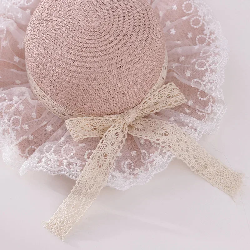 Summer Baby Girl Straw Hat Solid Color Lace Ruffle Kids Fisherman Cap Outdoor Beach Caps Sunshade Wide-brim Bucket Hats