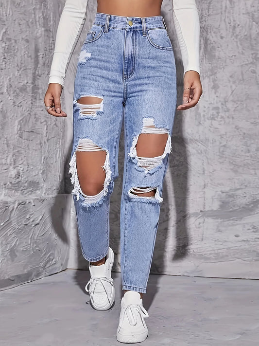 2025 Women's New Denim Pants, High Waisted Straight Leg, Perforated, Casual Style, Fashionable and Versatile