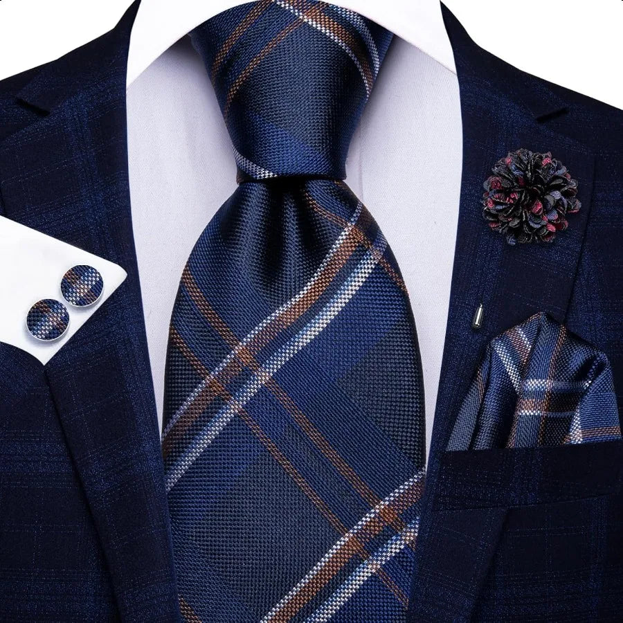 HiTie Mens Silk Ties and Flower Lapel Pin Pocket Square Cufflinks Set 4PCS Necktie for Wedding Business