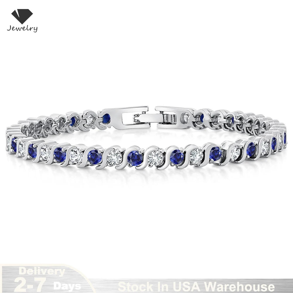 925 Sterling Silver Tennis Bracelet Sapphire Gemstone Blue Stone Bangle for Women Engagement Wedding Fine Jewelry Gift USA Stock