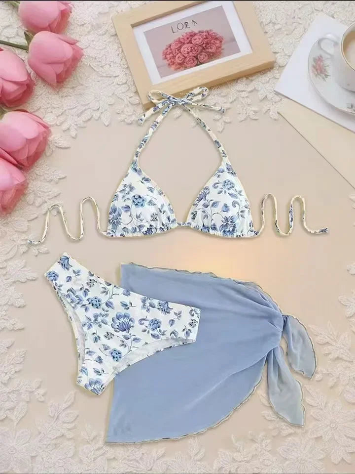Sexy Bikini Set Three Pieces Strap Women Swimsuit Separate Design Cross-Border Lazad Flower Print Swimwear for Ladies