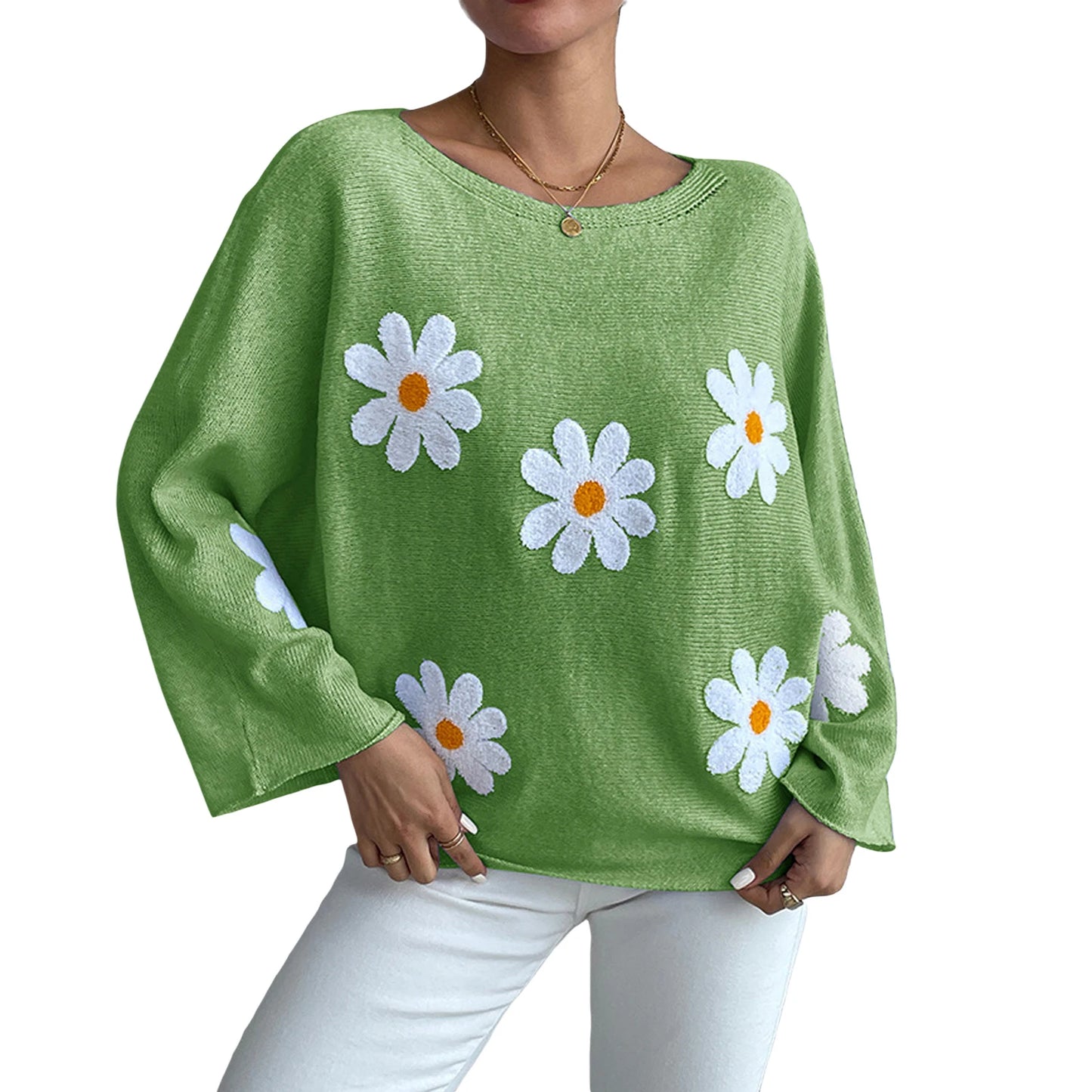Women Loose Knit Sweater Sweet Flower Embroidered Long Sleeve Boat Neck Pullovers Spring Fall Casual Jumpers Tops