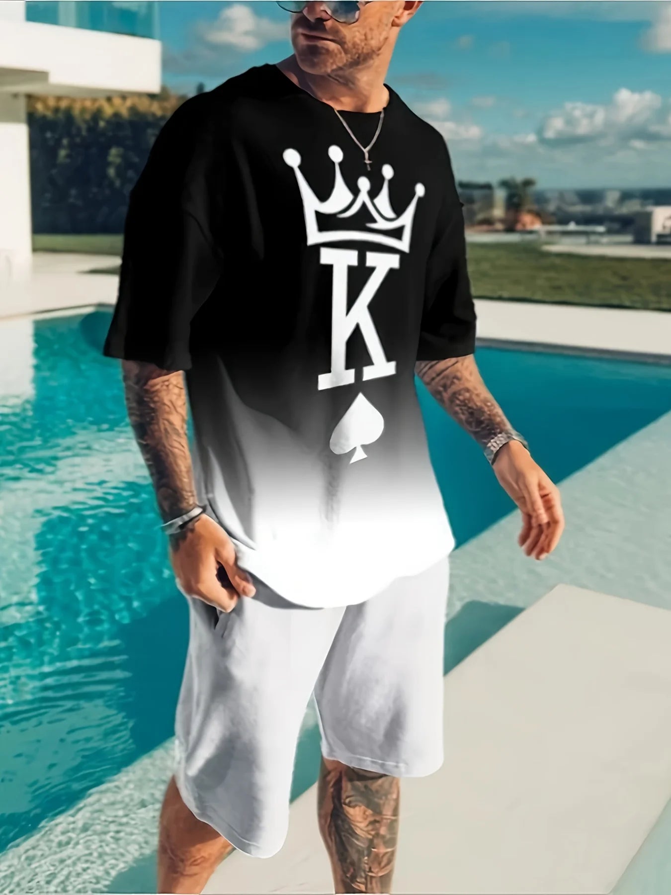 Men's trendy round neck short-sleeved shorts two-piece suit, 3D digital printing high-definition pattern, summer leisure and com