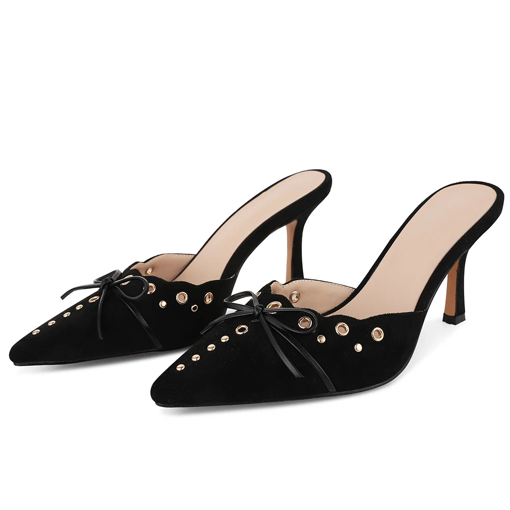 GIGIFOX Elegant Bow Decoration Ladies Mules Shoes Pointed Toe Kitten Heels Women Sandals 2024 Fashion Concise Solid Women Shoes
