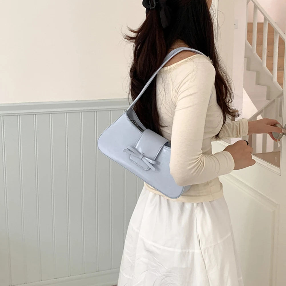 Sweet Bow Shoulder Bag PU Leather Everyday Purse with Zipper Closure Clutch Purse Retro Trendy Underarm Bag for Women and Girls