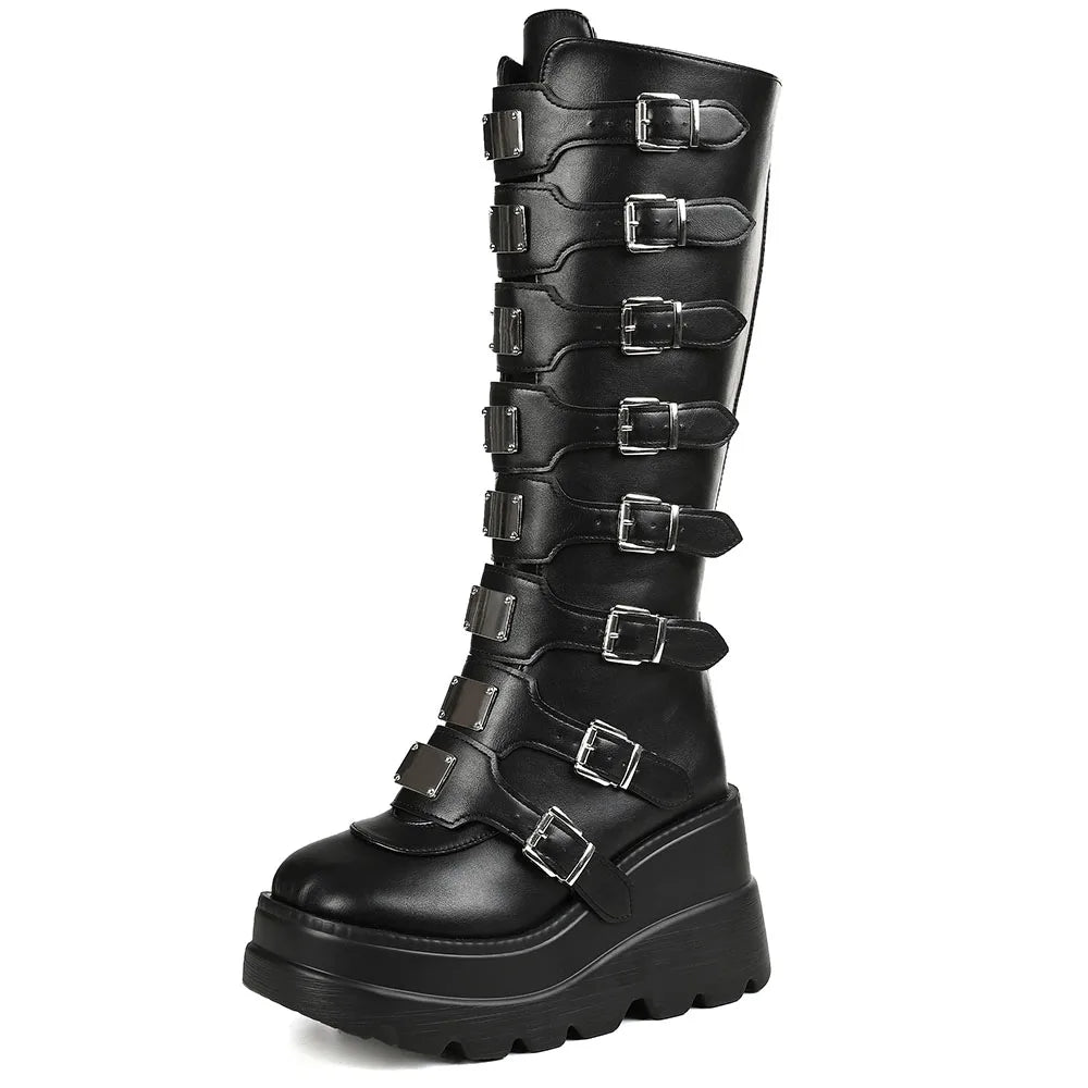 Punk Goth Women Knee High Boots Round Toe Multi Metal Buckle Zipper Motorcycle Boots Nightclub Christmas Shoes