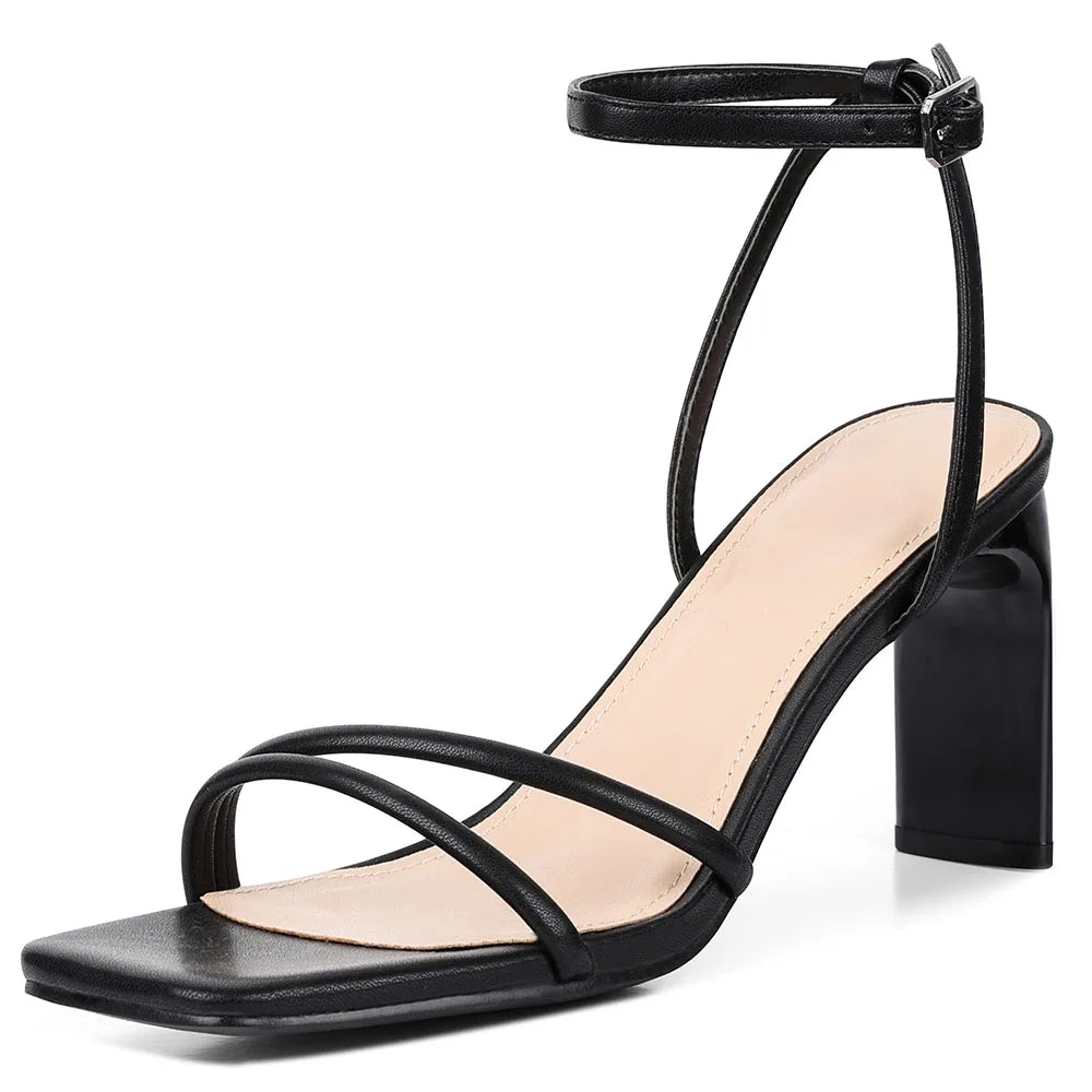 GIGIFOX Sexy Square Toe Square High Heel Female Sandals 2024 Concise Solid Colour Ankle-strap Summer Party Ladies Shoes