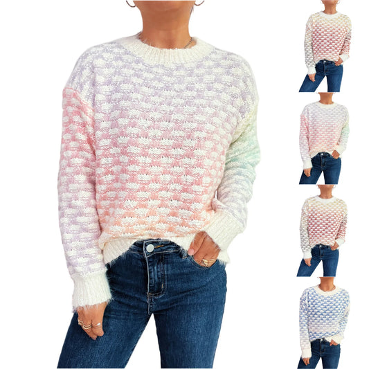 Women'S Casual Loose Pattern Gradient Color Long Sleeve Round Neck Pullover Knit Sweater Winter Clothes Woman Ropa De Mujer