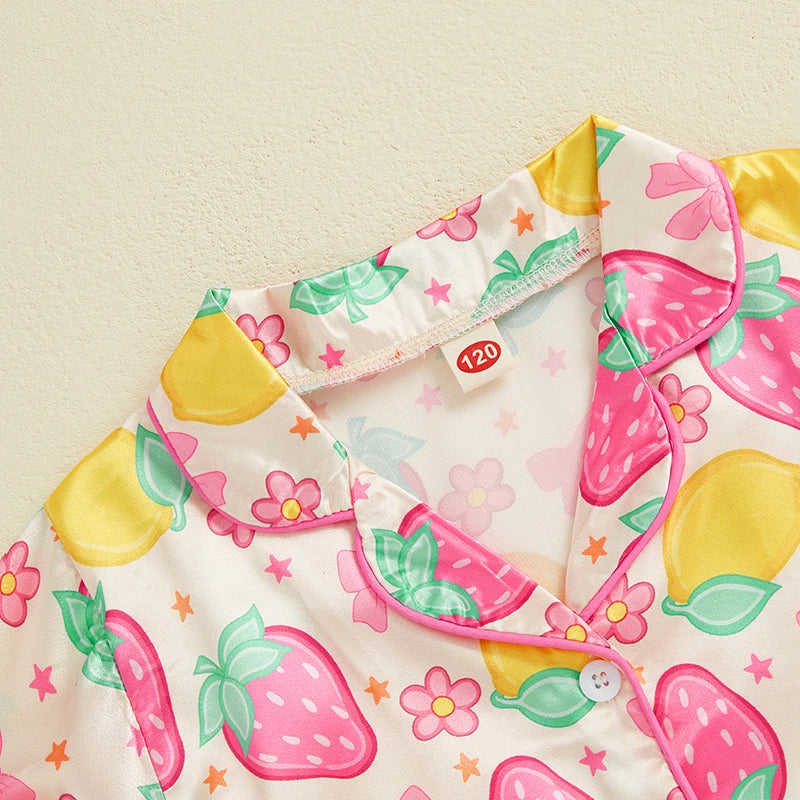 Girls Cute Summer Pajama Set with Bow Detail Fruit Print Lapel Collar Short Sleeves Button Down Top Shorts and Satin