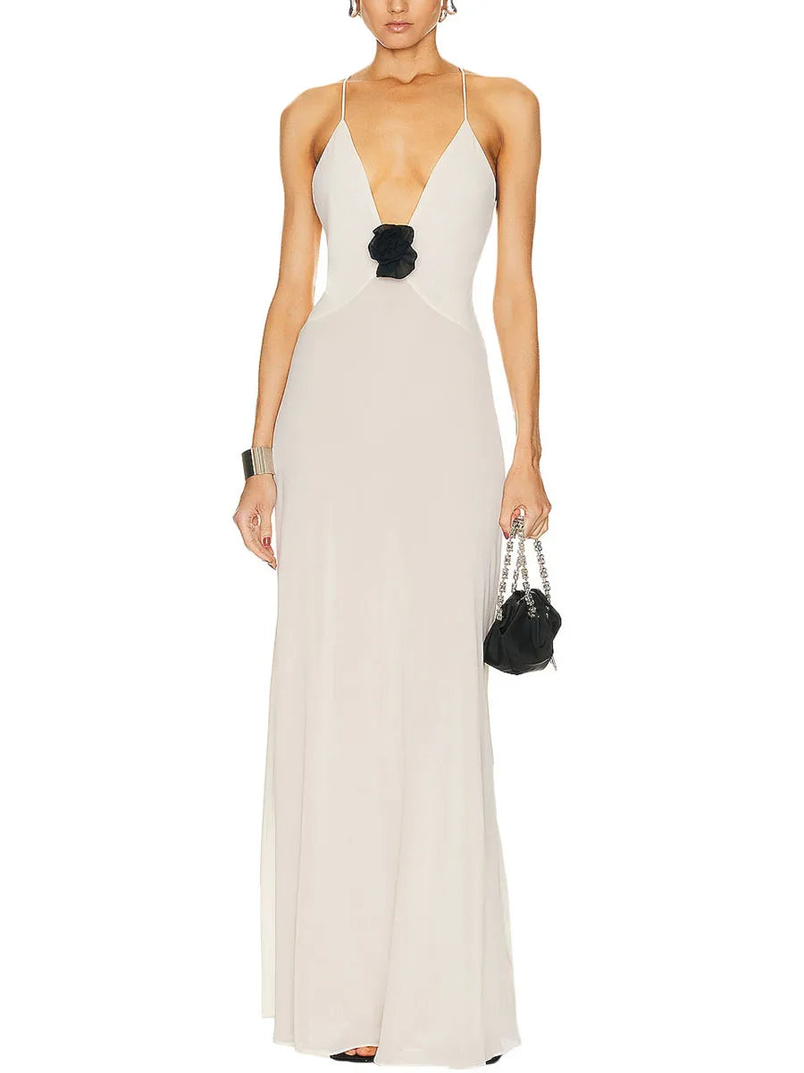 Elegant Women s Sleeveless V Neck Maxi Dress with Floral Embellishments for Summer Evening Parties and Events