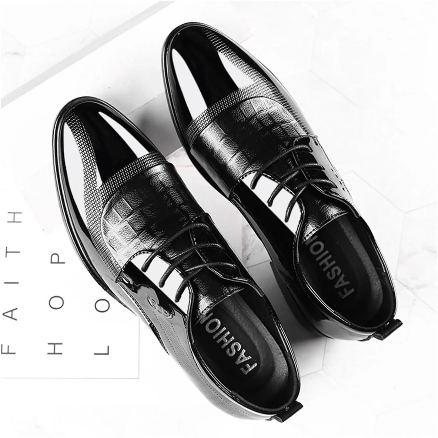 Mens Dress Shoes Formal Business Oxford Block Patent Leather Lace-up Comfortable Pointed Shoes For Men