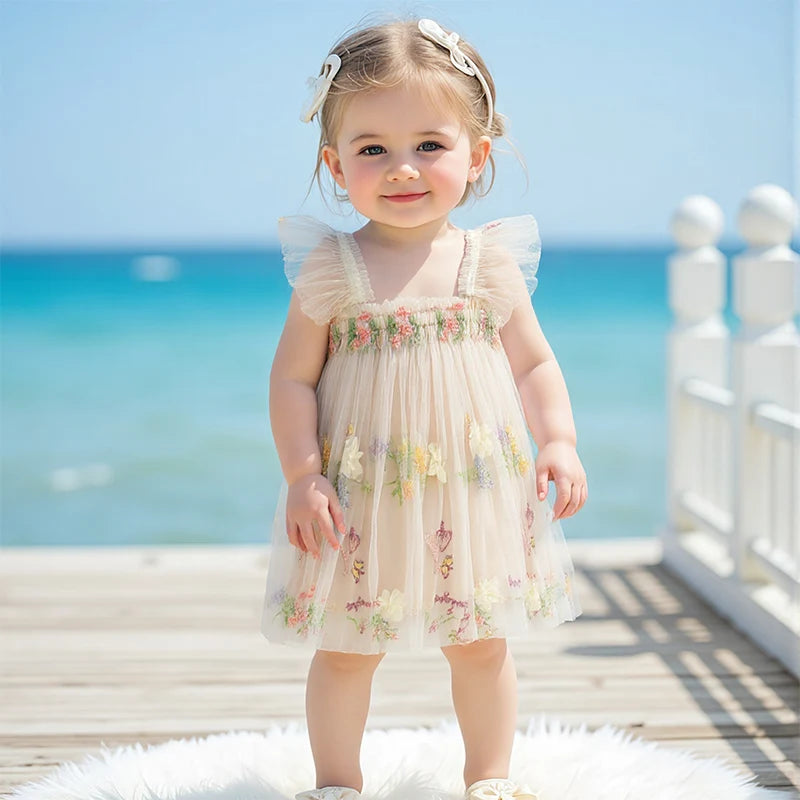 Toddler Girl Sleeveless Floral Embroidered Tulle Dress with Ruffle Square Neckline - Princess Party Dress for Baby Girl
