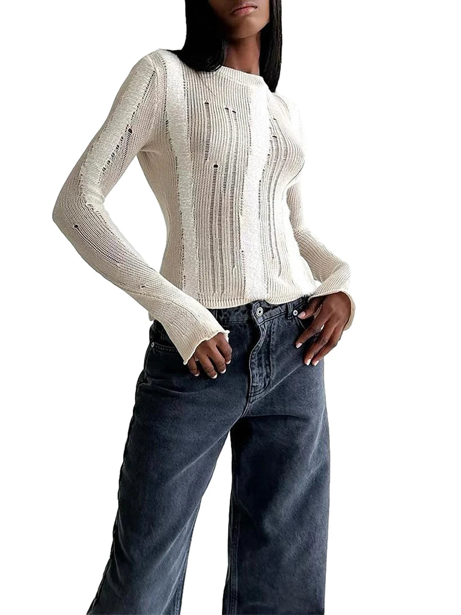 Women Fit Knit Tops Ripped Patchwork Crew Neck Long Sleeve Knitted Shirts Sweater Pullovers Spring Fall Jumpers Streetwear