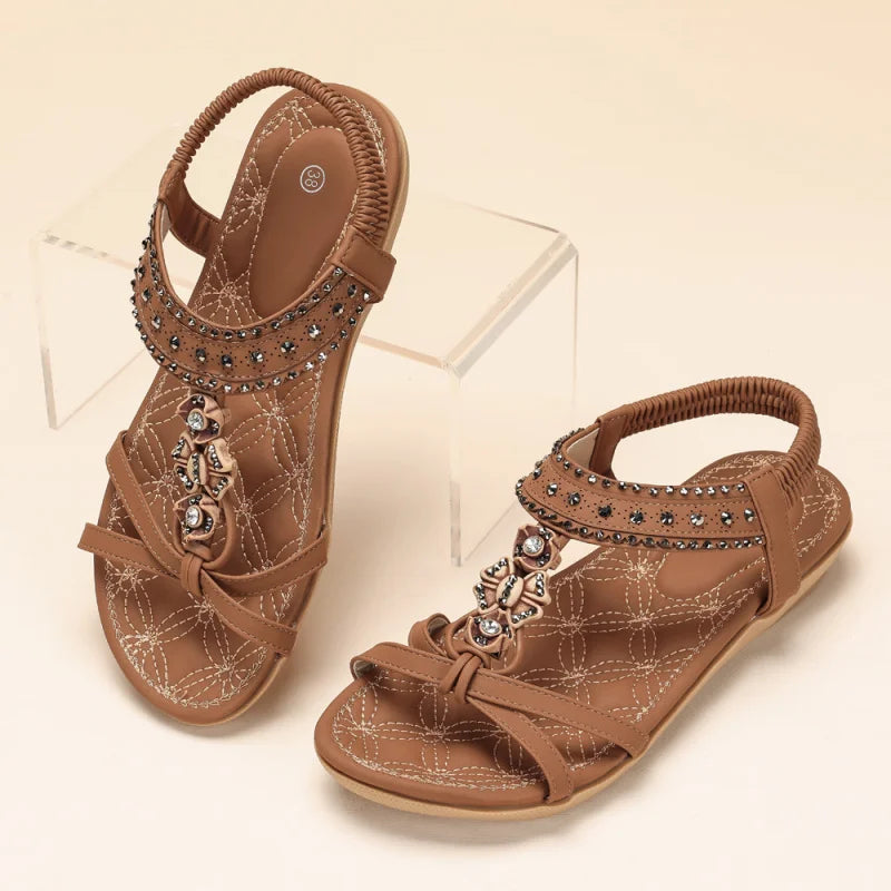 Women'S Sandals Bohemian Style Flat Shoes Suitable For Outdoor Beach Shoe Diamond-Studded Casual Fashion With Skirt Black White