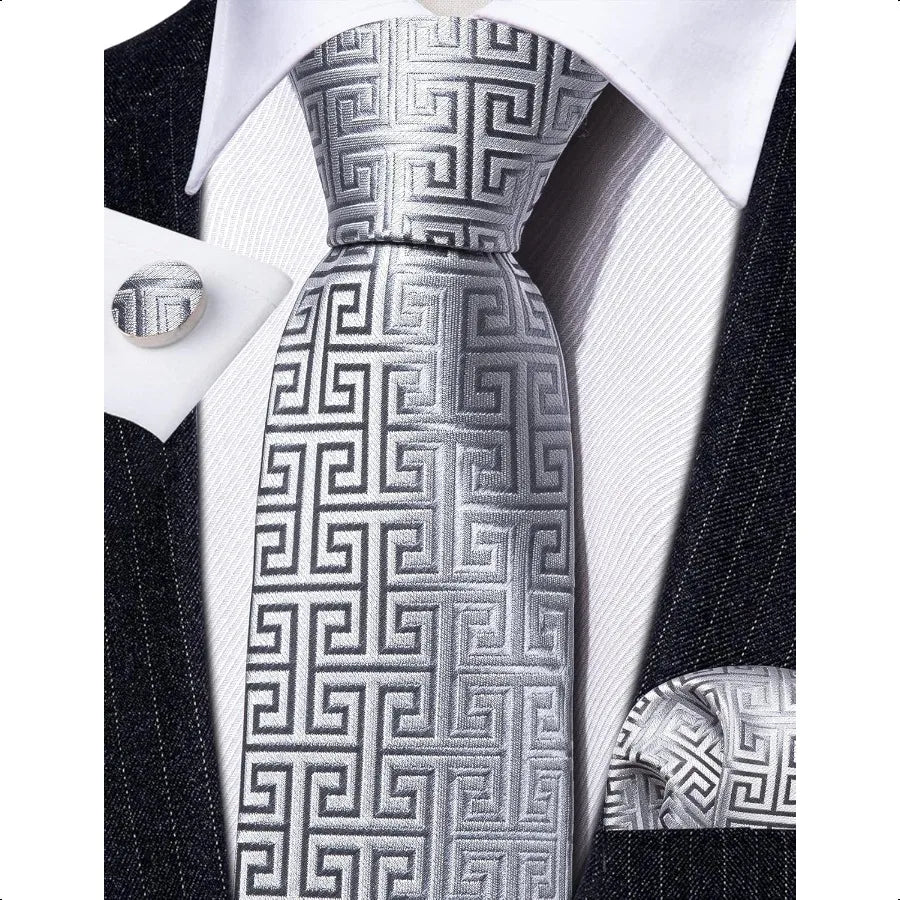 Barry.Wang Classic Mens Ties Silk Necktie Pocket Square Cufflinks Set Woven Designer Wedding Business