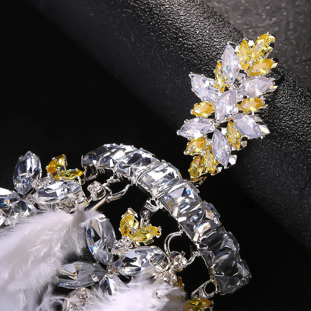 Stonefans New Feather Exaggerated Heart Earrings Dangle Bridal Wedding Designer Large Crystal Hanging Earrings Prom Jewelry Club