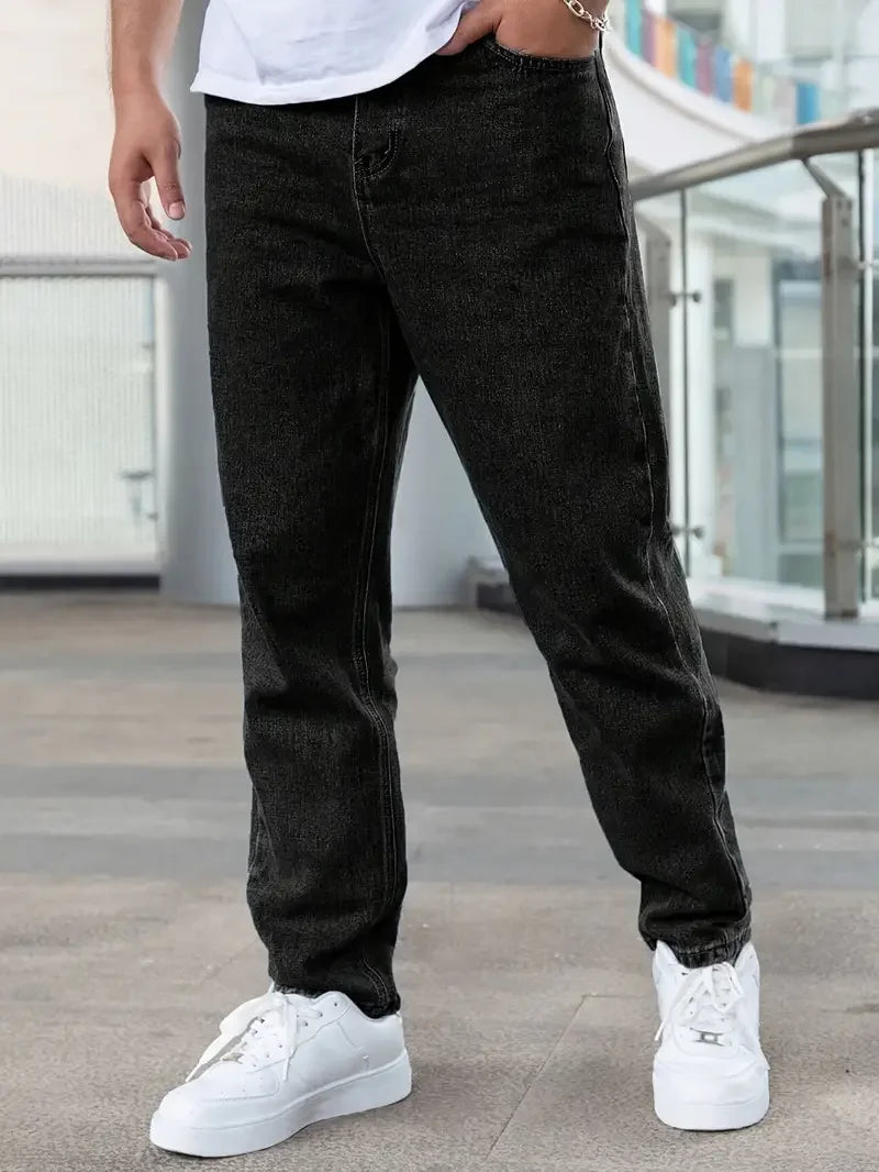 Men's Classic Black Washed Casual Jeans - Straight Leg Fit, Non-Stretch Denim, All-Season Wear, Comfortable & Stylish for Everyd
