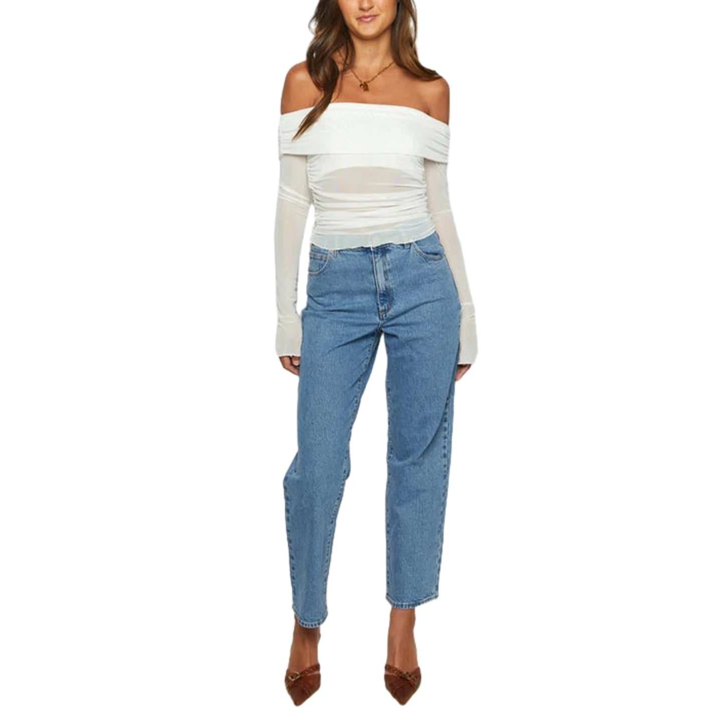 Women s Off Shoulder Tops Long Sleeve Solid Color Mesh T-Shirts Dressy Blouses Streetwear