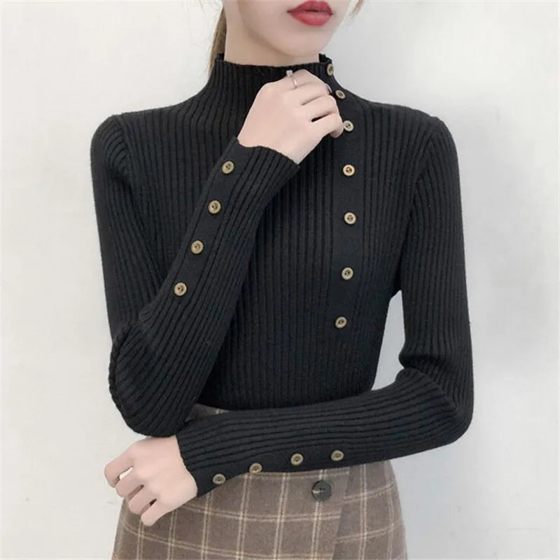 2025 Women Autumn Knitted Slim Sweaters Solid Knitted Female Cotton Soft Elastic Color Pullovers Button Full Sleeve Turtleneck