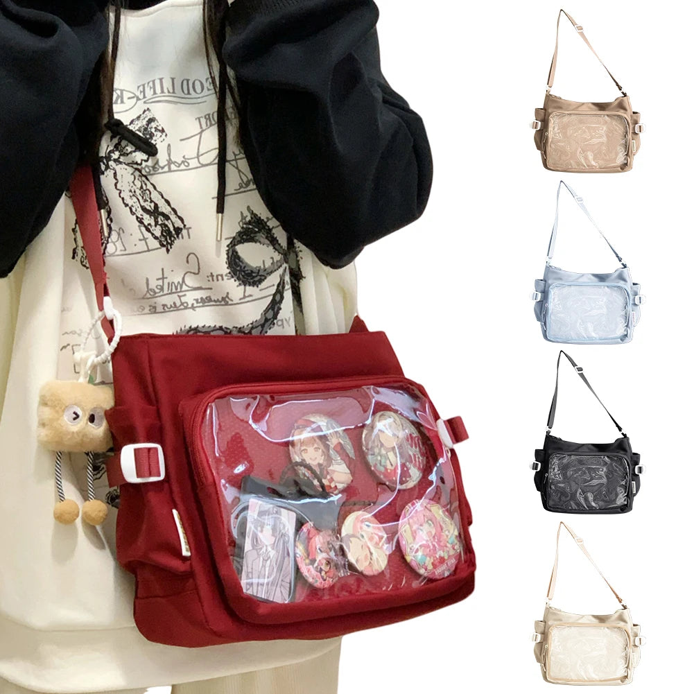 Women Ita Bag Japanese Style Shoulder Purse with Clear Window Teenagers School Bag Multi-pockets Adjustable Strap Chic Hobo Bag
