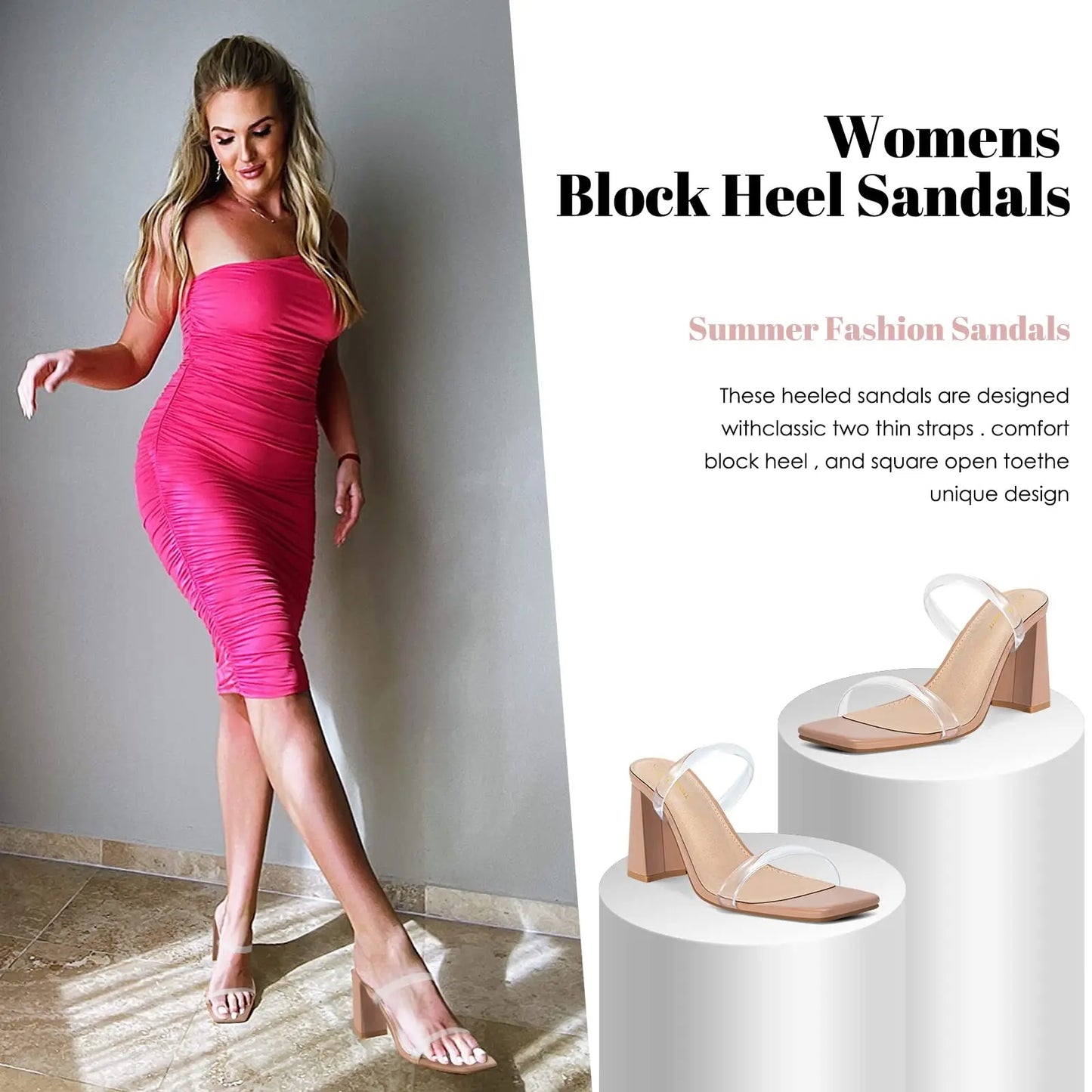 Elegant Women's Chunky Heels Sandals Office Lady Square Open Toe Strap Heeled Slippers Fashion Summer Slip Block Shoes