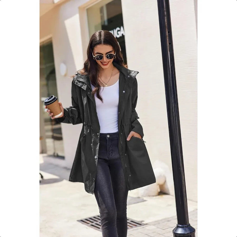 Zeagoo Raincoat Women Waterproof Long Hooded Rain Jacket Trench Coats Windbreaker Travel Jacket