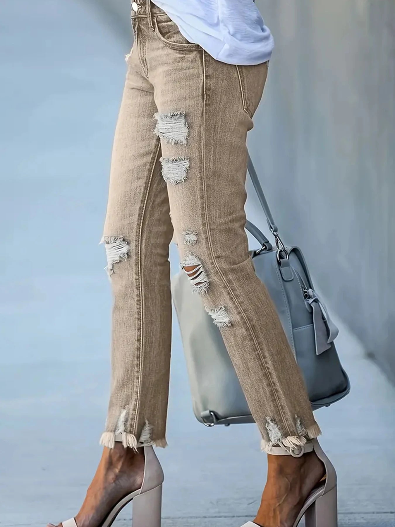 Women's Retro Elastic Distressed Distressed Washed Slim Fit Denim Cropped Pants, Street Style, Suitable for Daily Wear