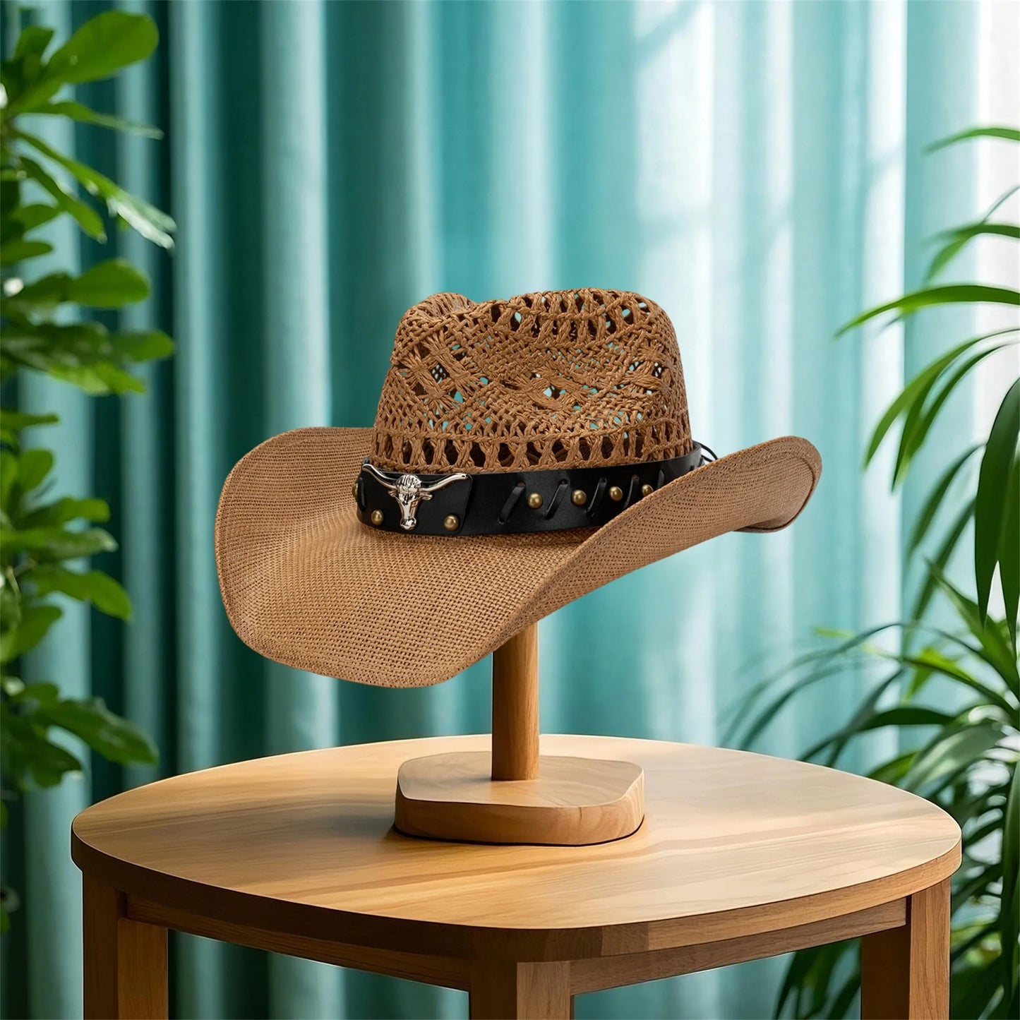 Women s Vintage Western Style Cowgirl Hat with Embroidered Bull Head Design Wide Brim Sun Hat for Outdoor Events and Festivals