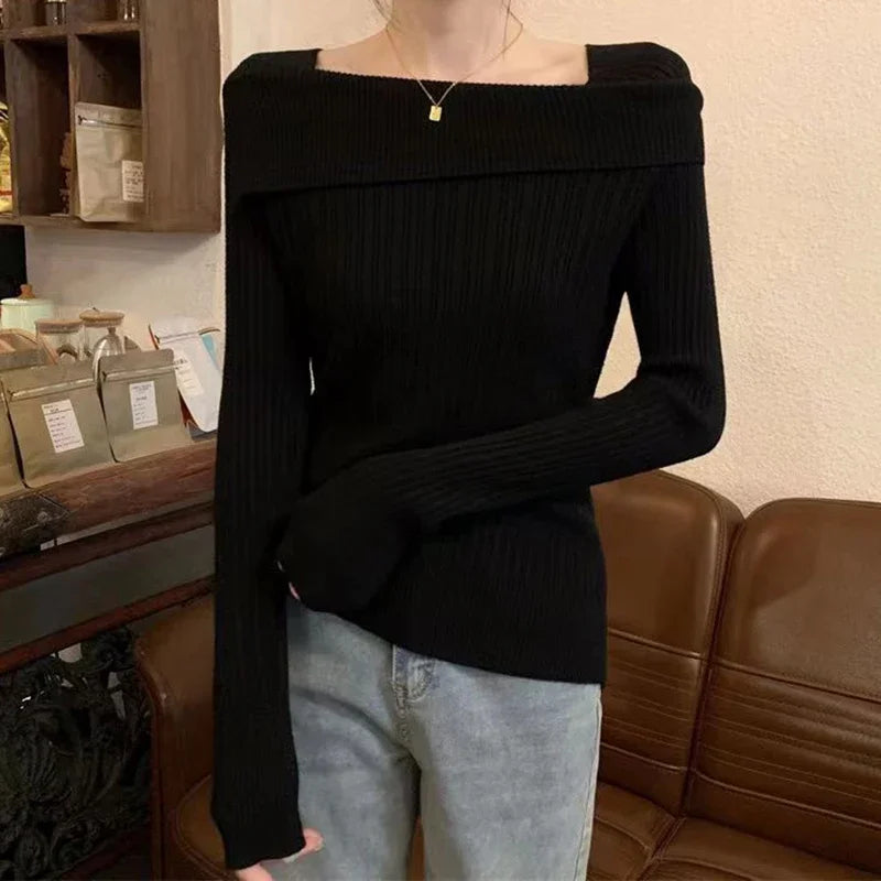 Solid Sexy Slim Off Shoulder Slash Neck Long Sleeve Knitting Sweater Women Jumpers Office Fashion New