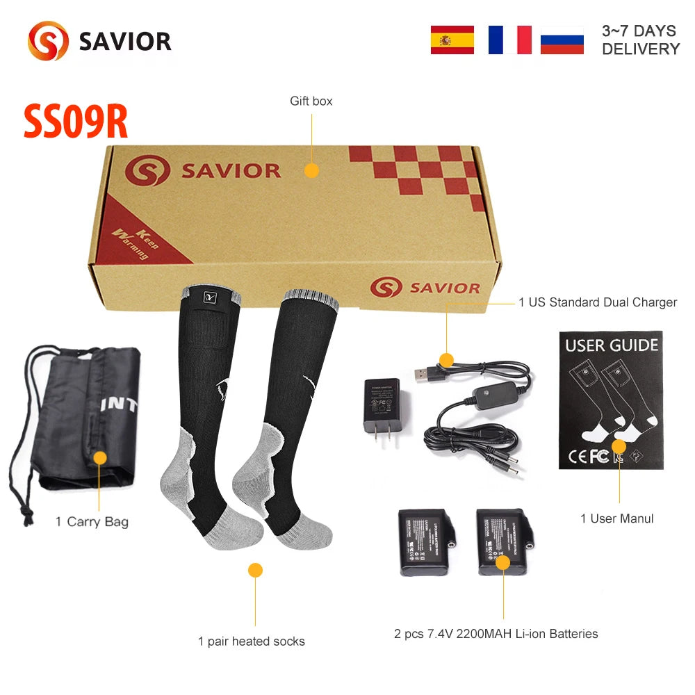 SAVIOR HEAT Rechargeable Heated Socks For Men and Women Electric Heated Socks Warm Foot Thermal Stocking with Battery Winter Ski