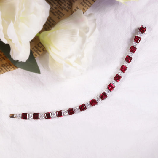 GEM'S BALLET Square Princess Cut Lab Created  Ruby Tennis Bracelet Real Sterling Silver 925 Fancy Party Wear Bracelet Gift