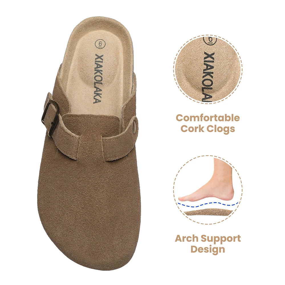 Women's Suede Clogs Shoes Adjustable Buckle Slip Casual Fashion Footbed Home Clog Falt Slippers New 2024