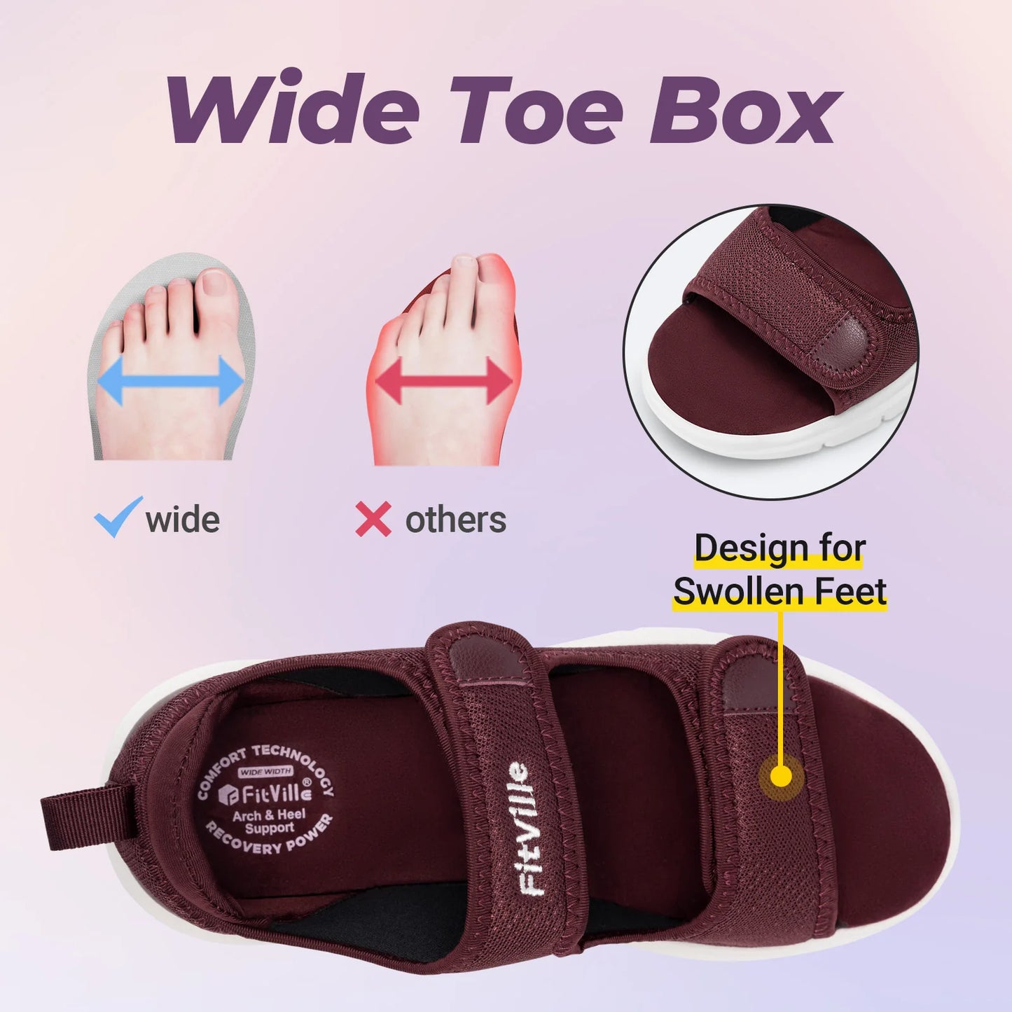FitVille Women'S Diabetic Wide Sandals With Arch Support Adjustable Straps Breathable Lightweight Casual Women Flat Shoes