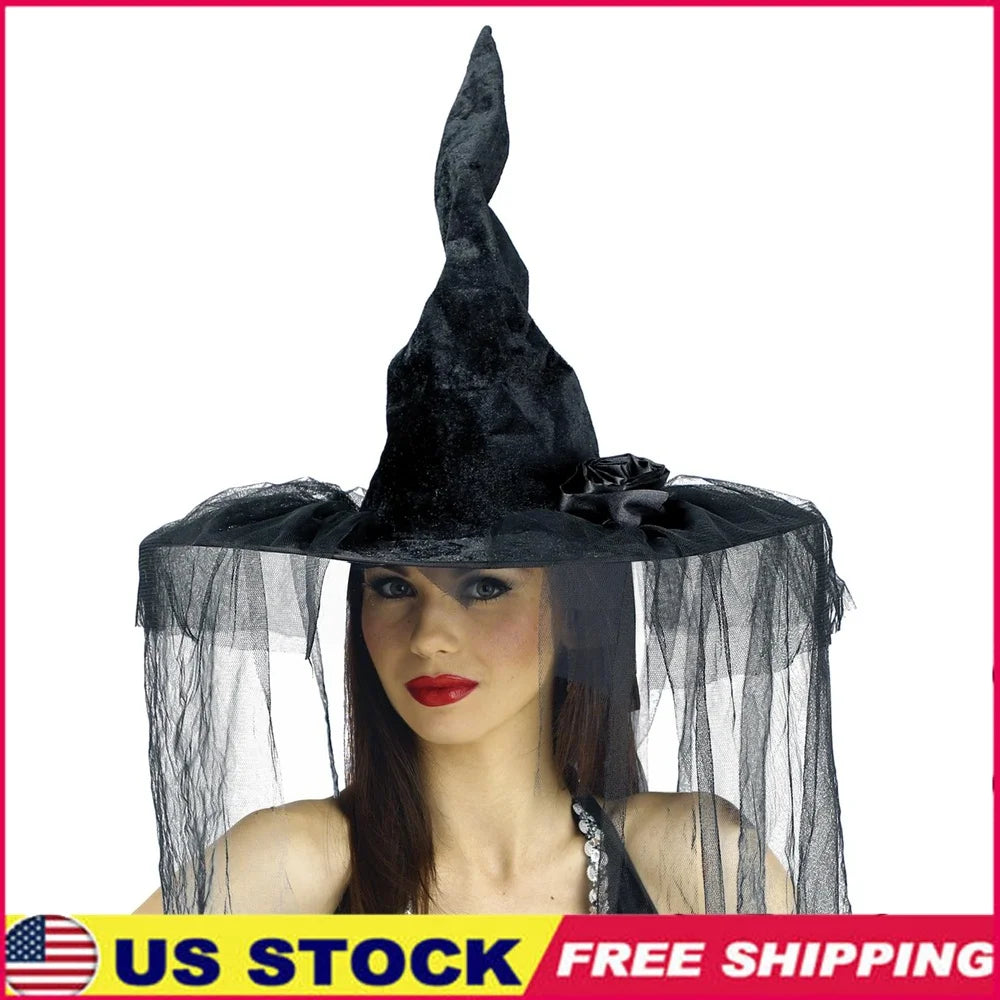 Deluxe Adult Halloween Witch Hat with Adjustable Band Chiffon Veils Beads Elegant Design One Size Fits Most