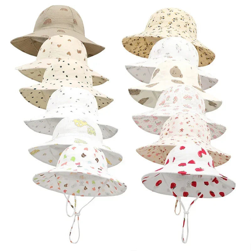 Adjustable Baby Summer Hat Muslin Children Panama Cap for Girls Boys 100% Cotton Kids Bucket Hat Outdoor Beach Infant Cap 1-3Y