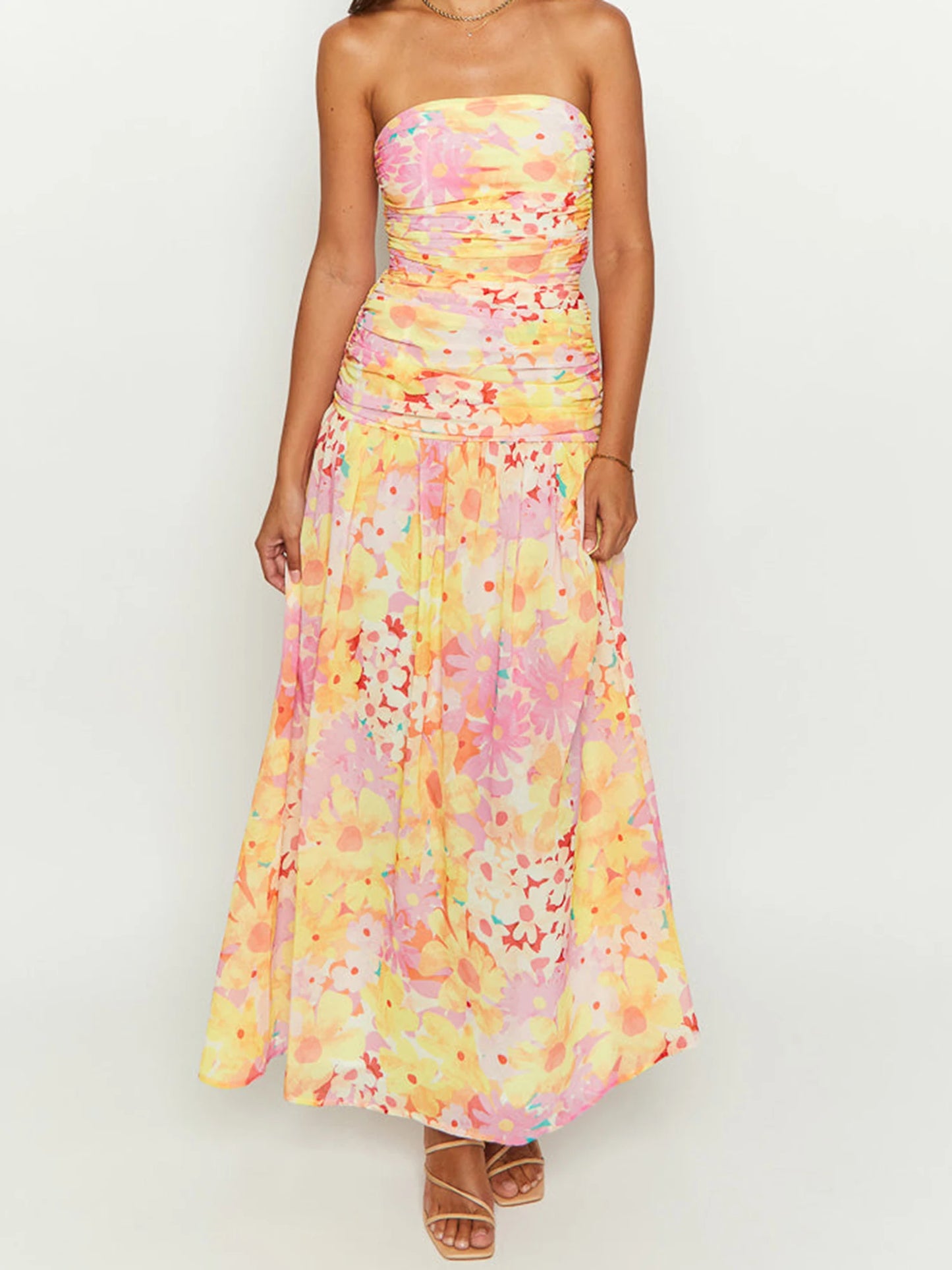 Women s Floral Print Maxi Dress Sleeveless V-Neck Empire Waist Summer Dress with Ruffle Hem and Adjustable Straps