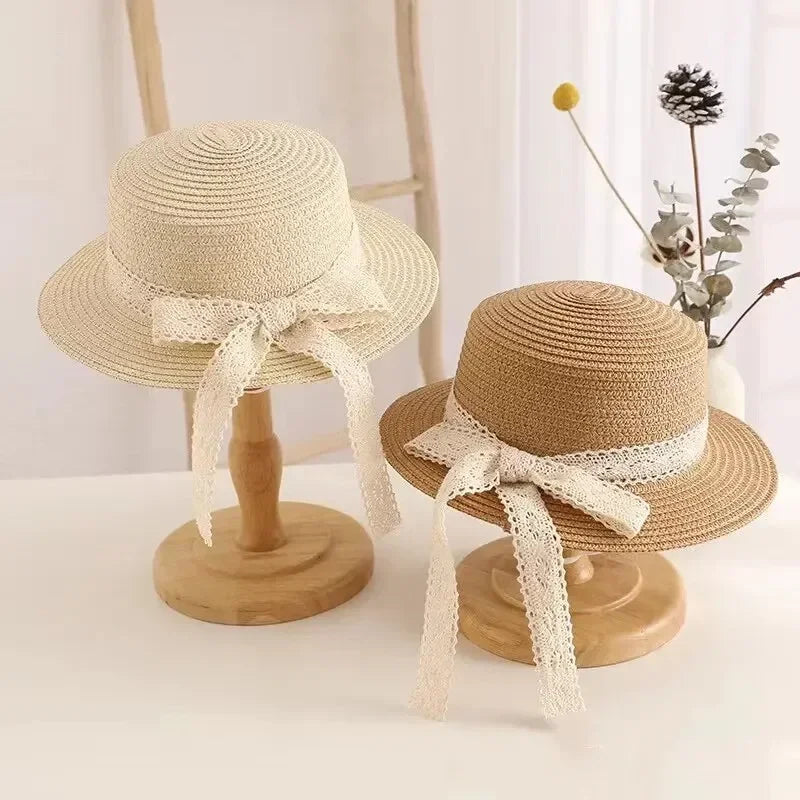 Cute Bow Streamer Girls Straw Hat Spring Summer Breathable Sunshade Kids Sun Hat Outdoor Travel UV Protection Children Panama Ca