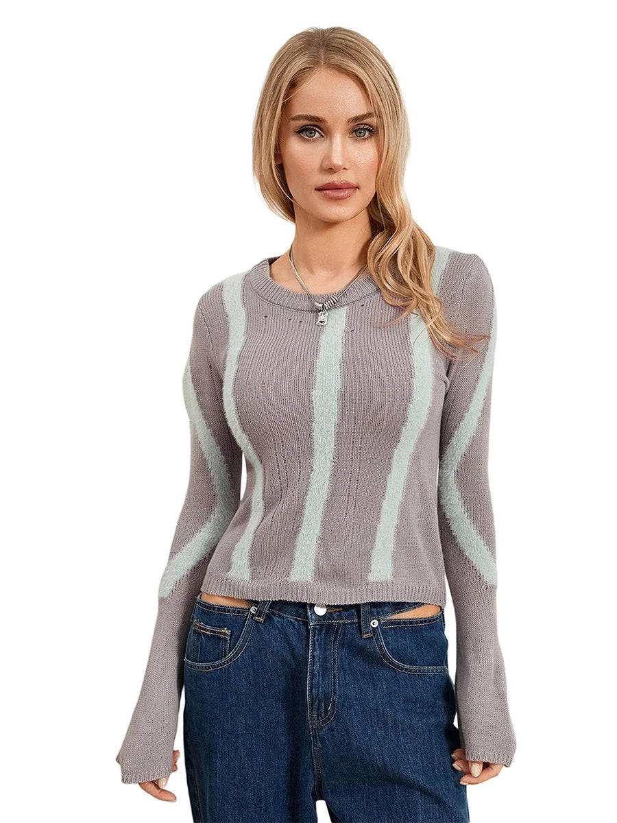 Women Fit Knit Tops Ripped Patchwork Crew Neck Long Sleeve Knitted Shirts Sweater Pullovers Spring Fall Jumpers Streetwear