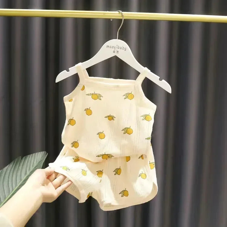 Baby Clothes Sets Summer Toddler Girl Strap Suits Cotton Printing Baby Boy Tops Tee and Shorts Infant Tracksuit Newborn Sets