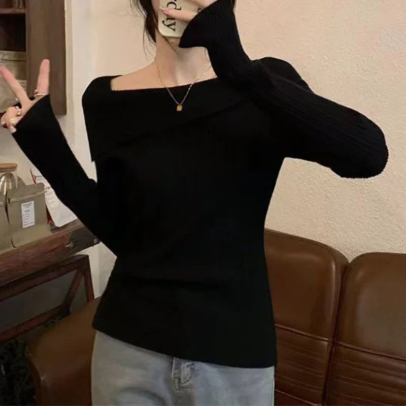 Solid Sexy Slim Off Shoulder Slash Neck Long Sleeve Knitting Sweater Women Jumpers Office Fashion New