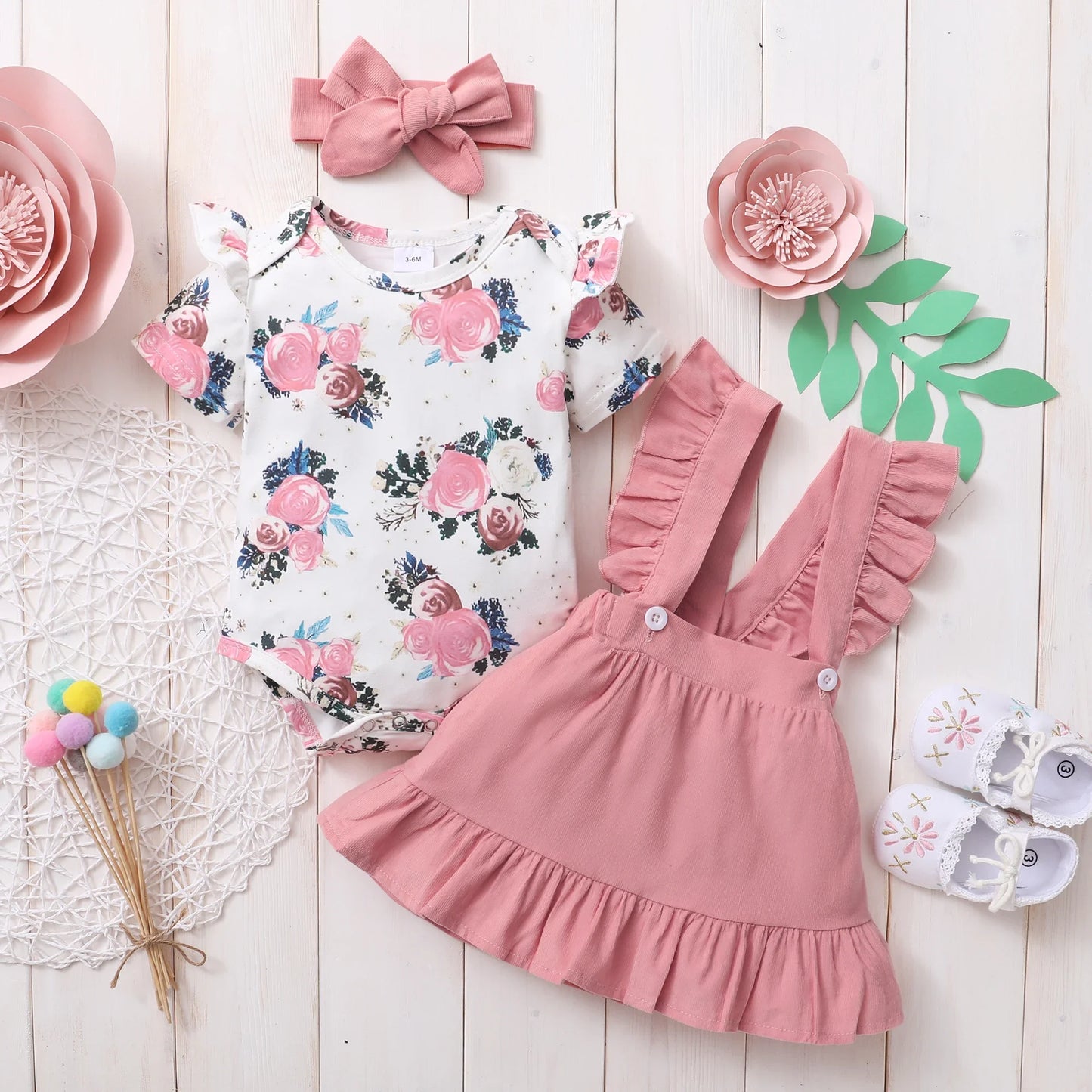 3Pcs Baby Girl Beautiful Flower Bodysuit Ruffled Shoulder Strap skirt+Headband Set 0-24 Months Toddler Baby Girl Summer Set