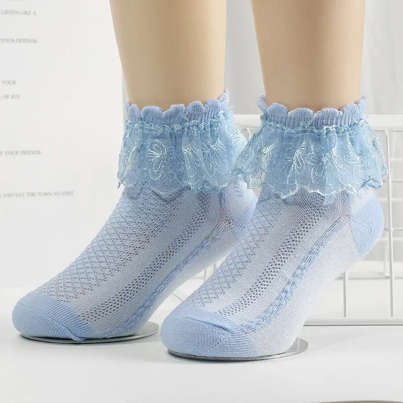 Mesh Socks Breathable Cotton Lace with Ruffle Princess Children Ankle Short Sock White Pink Yellow for Baby Girls Kids Toddler