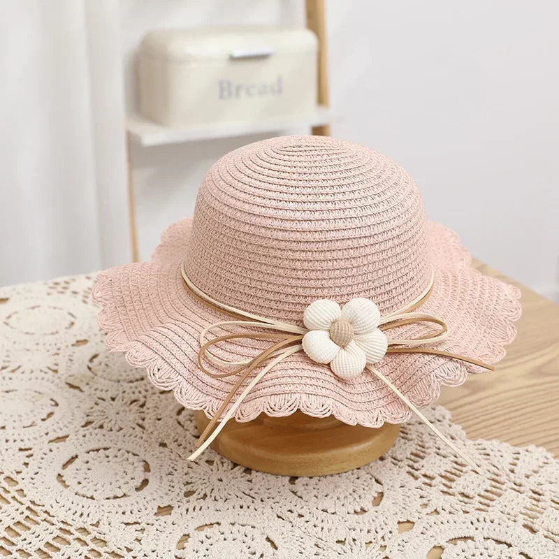 Summer Baby Girl Straw Hat Solid Color Lace Ruffle Kids Fisherman Cap Outdoor Beach Caps Sunshade Wide-brim Bucket Hats