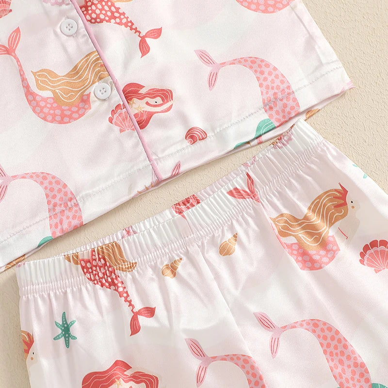 Girls Pajamas Set with Cute Unicorn Print and Matching Elastic Shorts for Comfortable Loungewear and Sleepwear