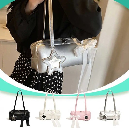 Women Bow Shoulder Bag with Star Pendant Fashion Shoulder Purse PU Leather Bow Underarm Handbag Girls Outdoor Daily Bag